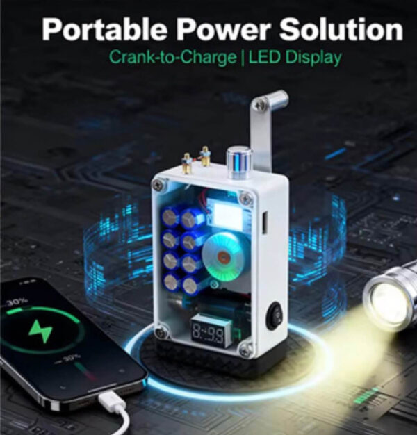 Portable Hand Crank Generator - 1-5W Emergency Power with LED Light & Ignition